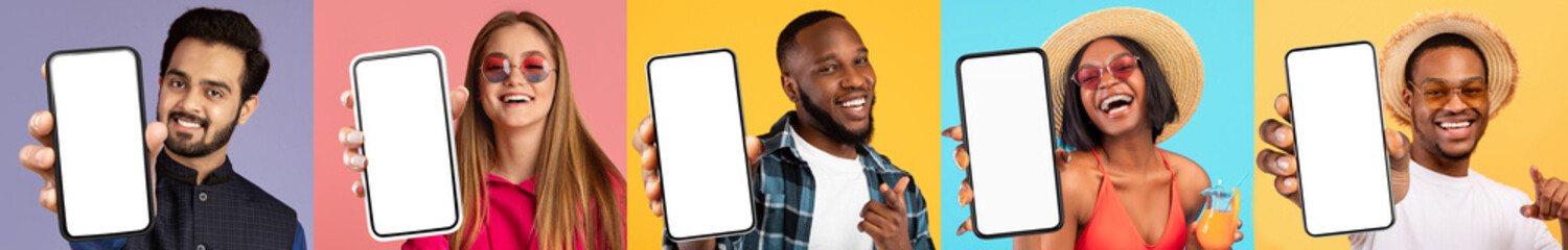 Poster - Smiling multiethnic young people showing mobile phones