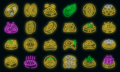Poster - Bruschetta icons set outline vector. Food cheese. Dish italian vector neon