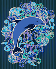 Wall Mural - Underwater card  with dolphin and seashell, vector illustration