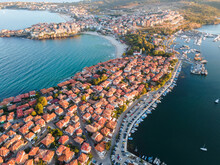Aerial Sunset View Of Old Town Of Sozopol, Bulgaria