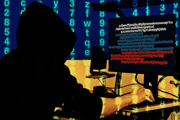 A Ukrainian hacker is sitting at a computer, attacking Russian government websites with malware. Ukraine attacks Russia.