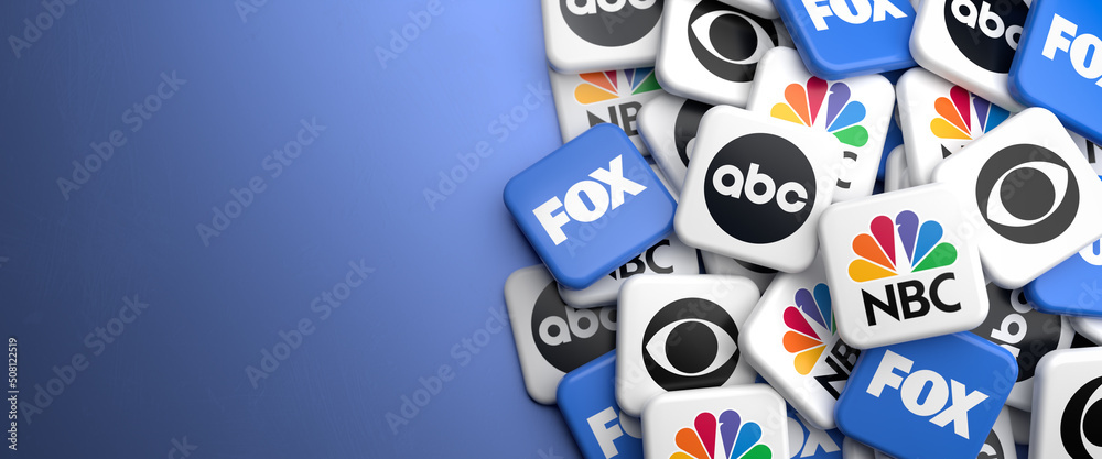 Logos of the major US broadcast television networks NBC, CBS, ABC and ...