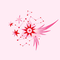 Wall Mural - Space composition with planets and stars in pink, red colors. Vector illustration on theme of astrology, astronomy, esotericism. Cosmic art. Celestial bodies. Cover, card, print on clothes, poster