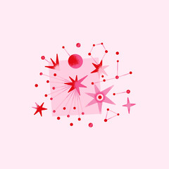 Wall Mural - Space composition with planets and stars in pink, red colors. Vector illustration on theme of astrology, astronomy, esotericism. Cosmic art. Celestial bodies. Cover, card, print on clothes, poster