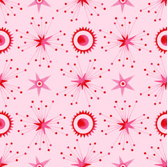 Wall Mural - Space abstract seamless pattern with red constellations, stars, comets. Vector illustration on theme of astrology, astronomy. Cosmic pink background. Wallpaper, wrapping paper, textile