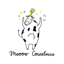 Merry Christmas Cow Greeting Card. Funny Christmas Lettering - Moooo Cowstmas. Animal Card Design.