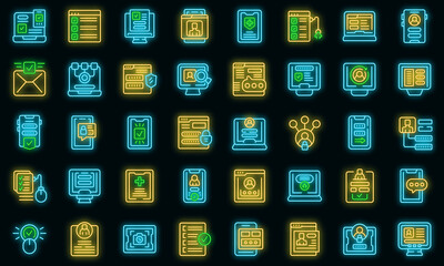 Poster - Online registration icons set outline vector. Device apply. Electronic form vector neon