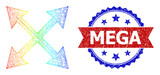 Fototapeta  - Net mesh maximize arrows carcass icon with rainbow gradient, and bicolor dirty Mega seal. Red seal includes Mega text inside blue rosette. Colorful frame net maximize arrows icon.