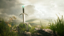 Lost Ancient Powerful Sword Set Against Moss Covered Rocks And An Epic Landscape. 3D Illustration.
