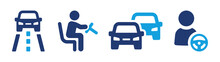 Driving Car Icon Vector Set. Drive Vehicle On The Road, Driver Holding Steering Wheel. Transportation Concept Sign Symbol.