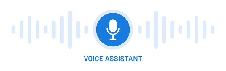 Wall Mural - Voice assistant banner with microphone button vector icon and soundwave symbol background.