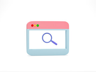 Poster - 3D rendering, 3D illustration. Computer window with magnifying glass icon on white background. Minimal cartoon style. Searching internet data and web browsing concept.