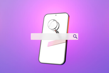 Fototapete - 3D illustration of a mobile phone with a search bar on a pink background with geometric shapes. Internet search using smartphone.