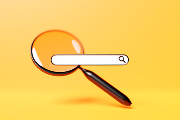 Fototapete - 3D illustration of a   internet search page  with magnifying glass with shadow  on  yellow  isolated  background