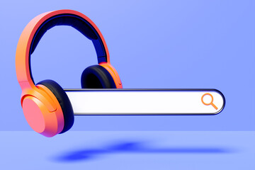 Fototapete - 3D illustration, search bar design element with orange headphones on a purple background. Search bar for website and user interface, mobile apps.