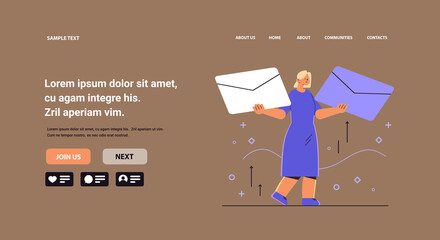 Poster - woman holding paper envelopes new mail message communication concept businesswoman sending or receiving letter