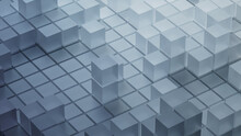 Grey, Translucent Cubes Precisely Arranged To Create A Modern Tech Background. 3D Render.
