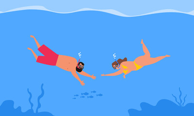 couple man and woman swimming  underwater snorkeling with diving mask vector illustration