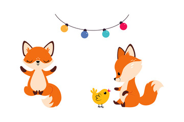 Wall Mural - Cute Red Fox Playing with Yellow Chick and Meditating in Yoga Pose Vector Set