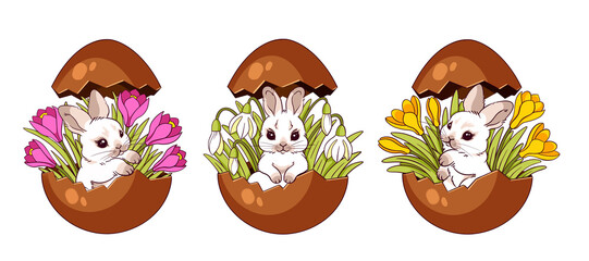 Set of chocolate eggs with an Easter little rabbit with spring flowers, cute rabbits, crocuses and snowdrops, a symbol of the spring holiday, hand-drawn isolated on a white background, a holiday card