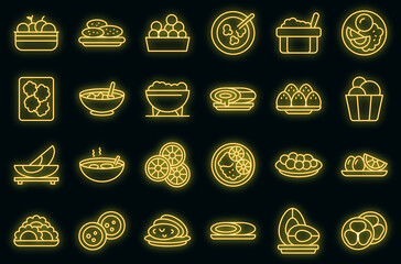 Wall Mural - Brazilian culinary icons set outline vector. Arancini bread. Rice plate vector neon