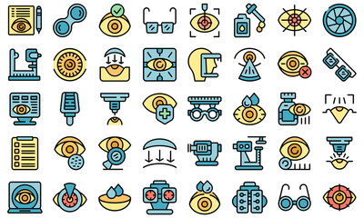 Poster - Laser vision correction icons set outline vector. Surgery refractive. Beam eye thin line color flat on white