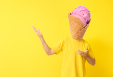 Man With Tasty Ice-cream Instead Of His Head Showing Something On Yellow Background