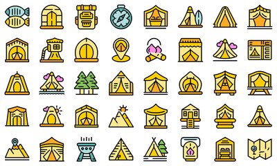 Poster - Glamping icons set outline vector. Tent adventure. Architecture camping thin line color flat on white