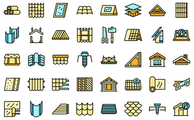 Poster - Install the roof icons set outline vector. Safety builder. Home construction thin line color flat on white