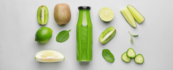 Poster - Bottle of healthy green smoothie and ingredients on light background, top view