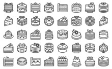 Cheesecake Icons Set Outline Vector. Cake Dessert. Slice Piece