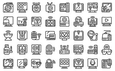 Poster - Smart TV box icons set outline vector. Remote cable. Controller device