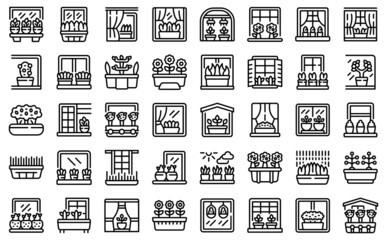 Garden on a windowsill icons set outline vector. Apartment blossom. Can care