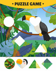 Wall Mural - Educational game for kids.  The study of geometric shapes. Puzzles for preschoolers.  Vector illustration of a toucan in the jungle.
