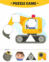 Wall Mural - Educational game for kids.  The study of geometric shapes. Puzzles for preschoolers.  Vector illustration of a cute boy on a backhoe.
