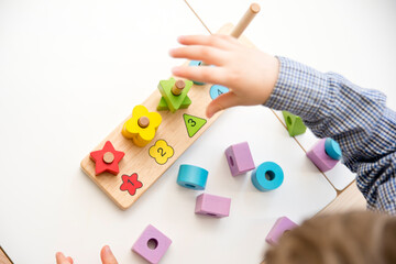 Learning counting, shapes and colors. Montessori type implement. Wooden toys for education. Fine motor skills, therapeutic task for brain exercises and mental development Logic training game. 