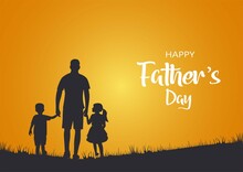 Happy Father's Day With Dad And Children Walking Back View. Vector Illustration Design