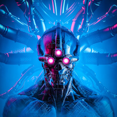 Wall Mural - triclops artificial intelligence - 3d illustration of science fiction cyberpunk skull faced three ey