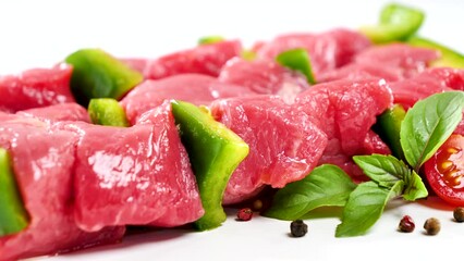 Wall Mural - raw beef skewer on white background