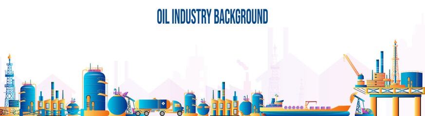 Wall Mural - Gas oil industry platform Banner with Outbuildings, oil storage tank. Poster Brochure Flyer Design, Vector Illustration