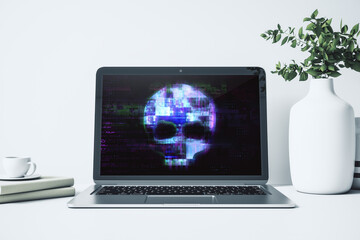 Fototapete - Close up of laptop computer screen on desktop with abstract digital skull hologram. Hacking, malware, and phishing concept. 3D Rendering.