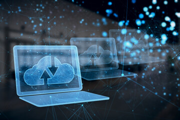 Aufkleber - Abstract polygonal digital laptop with cloud computing hologram on blurry interior backdrop. Database and information concept. 3D Rendering.