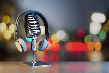 Poster - Close up of silver mic and headset on blurry lights bokeh backdrop with mock up place. Podcast and information concept. 3D Rendering.