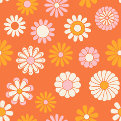 Vintage floral background. Hippie style vector seamless pattern. Nostalgic retro 70s groovy print. Textile and surface design in old fashioned colors