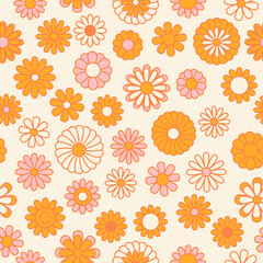 Vintage floral background. Hippie style vector seamless pattern. Nostalgic retro 70s groovy print. Textile and surface design in old fashioned colors