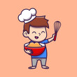Cute Boy Chef Cooking Cartoon Vector Icon Illustration. People Food Icon Concept Isolated Premium Vector. Flat Cartoon Style