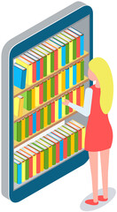 Wall Mural - woman chooses book in digital online library or bookstore in smartphone app. Distance education with modern technology in phone. Girl looks at screen with virtual bookshelves and stacks of books