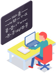 Poster - Self education, study and gain new knowledge. Student sitting at table working with laptop. Concept illustration of online courses, distance studying, self education, digital library, e-learning
