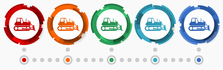 Aufkleber - Bulldozer concept vector icon set, modern design abstract web buttons in 5 color options, infographic template for webdesign and mobile apps