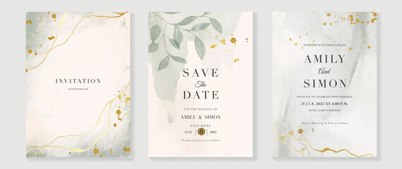 Wall Mural - Luxury botanical wedding invitation card template. Minimal watercolor card with gold line art, foliage, eucalyptus leaves. Elegant leaf branch vector design suitable for banner, cover, invitation.